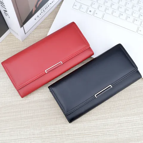 Women's Long PU Leather Tri-Fold Wallet Fashion Minimalist Solid Color Large Capacity Clutch Card Holder Wallet with Metal Buckle
