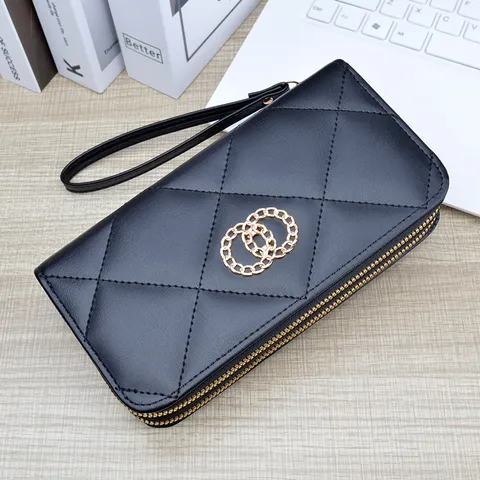Women Long PU Leather Double Zipper Clutch Wallet Quilted Plaid Large Capacity Handbag Phone Wristlet Purse For Ladies Casual Daily