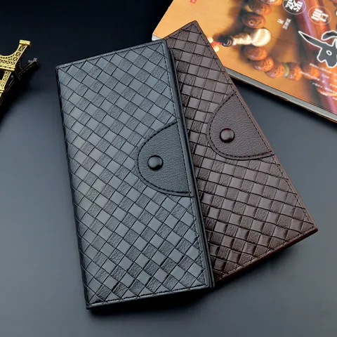 Men Long Wallet Vintage Woven Pattern Large Capacity Multi Card Slots PU Leather Suit Purse Business Wallet For Cash Photo