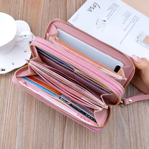 Women's Long Wallet Double Zipper Clutch Bag PU Leather Lattice Embroidery Crown Large Capacity Purse