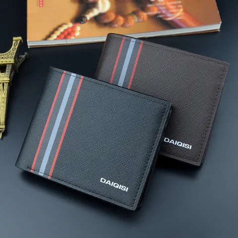 Men's Short PU Leather Wallet Business Commute Bifold Wallet Card Slots Coin Pocket Striped Design Fashion Wallet