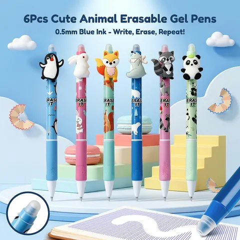 Joli Ensemble de Stylos Gel Effaçables pour Animaux Stylos d'Écriture Effaçables par Friction Rétractables Design de Dessin Animé Papeterie Scolaire