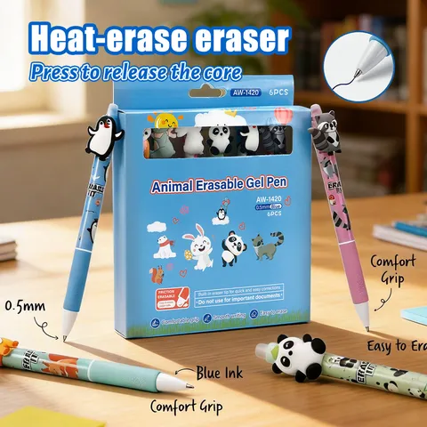 Joli Ensemble de Stylos Gel Effaçables pour Animaux Stylos d'Écriture Effaçables par Friction Rétractables Design de Dessin Animé Papeterie Scolaire