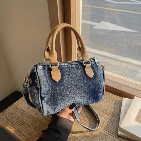 Retro Washed Denim Boston Bag For Women Casual Commuting Handbag Vintage Stitching Single Shoulder Crossbody Bag
