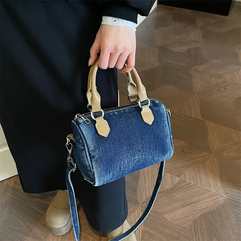 Retro Washed Denim Boston Bag For Women Casual Commuting Handbag Vintage Stitching Single Shoulder Crossbody Bag