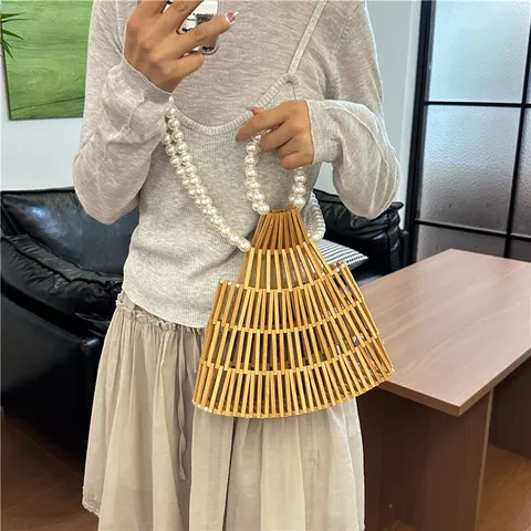 Borsa a Mano in Tessuto di Bambù e Legno con Perle da Donna Stile Mori Traforata Borsa a Tracolla con Perle di Legno Borsa con Manico Superiore