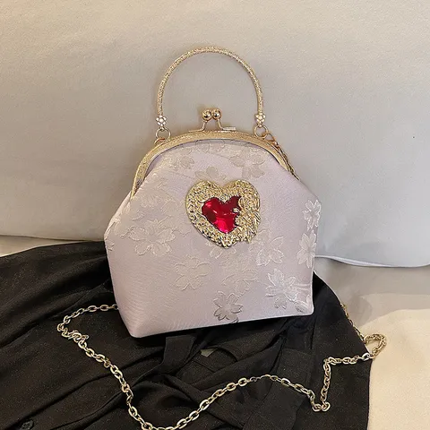 Barok Geborduurde Schelp Avondtas Vrouwen Vintage Bloemen Brokaat Crossbody Tas Luxe Metalen Ketting Schouder Handtas