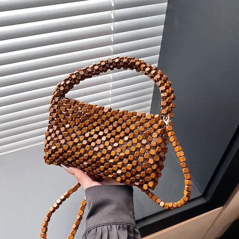 Borsa a Tracolla con Perline Moda Donna Borsa in Perline di Legno Traforata Borsa Casual da Spiaggia con Catena