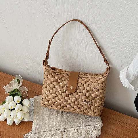 Dames Strohtas Vakantie Strand Handtas Retro Chic Oksel Schoudertas Met PU Leren Band En Strik