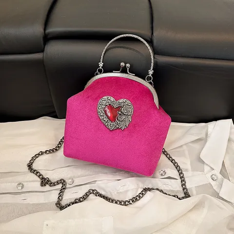 Barok Fluweel Avondtas Dames Kleine Schelp Handtas Vintage Metalen Ketting Crossbody Tas Bankett Feest Portemonnee