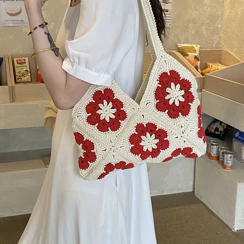 Handgehäkelte Knit Tragetasche Für Damen Ausgehöhlt Blumen Strand Handtasche Lässige Kontrastfarbe Unterarm Tasche