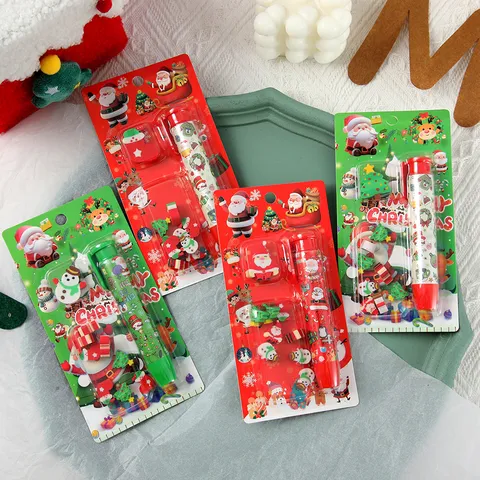 Weihnachten Cartoon Radiergummi Set Stiftform Push Radierer Festlich Weihnachtsmann Schneemann Schreibwaren Geschenk Für Kinder Schüler