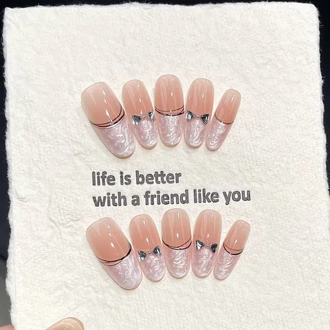 Handmade Press On Nails Nude Pink Gradient Cat Eye Rhinestone Bow Fake Nails Oval Reusable Acrylic Nail Art Set