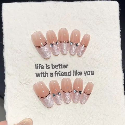 Handmade Press On Nails Nude Pink Gradient Cat Eye Rhinestone Bow Fake Nails Oval Reusable Acrylic Nail Art Set