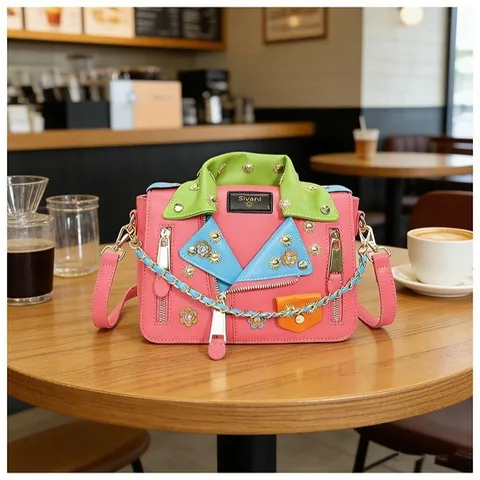 Damen Trendy PU Leder Anzugjacke Form Umhängetasche Niete Kette Punk Kleine Quadratische Schultertasche Farbblock Motorrad Tasche