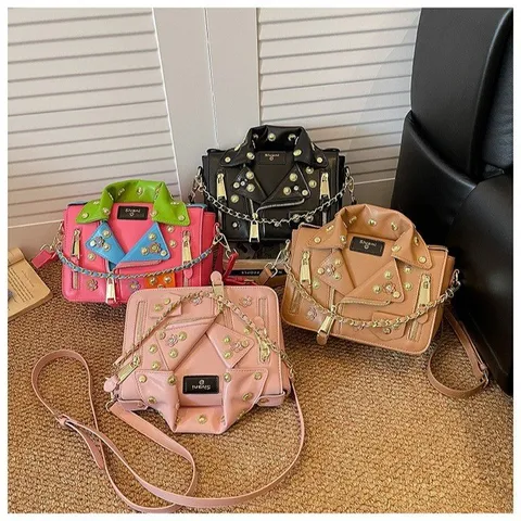 Damen Trendy PU Leder Anzugjacke Form Umhängetasche Niete Kette Punk Kleine Quadratische Schultertasche Farbblock Motorrad Tasche