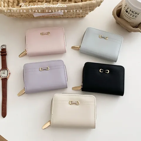 Women Minimalist PU Leather Bi-fold Short Wallet With Bow Metal Lock Multi Card Slots ID Case Zip Coin Purse Solid Color Clutch