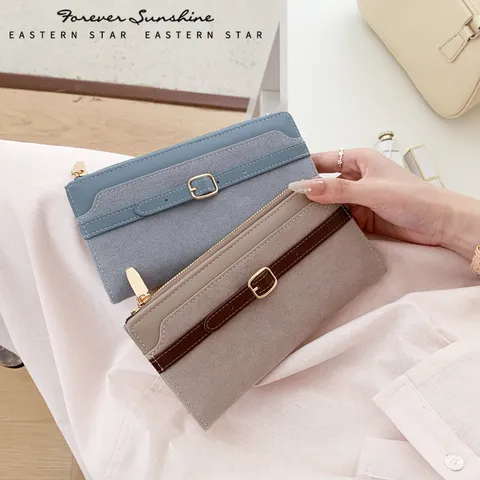 Dames Lange Portemonnee PU Leder Suède Splicing Bifold Geldtas Mode Gürtelschnalle Kaarthouder Elegante Clutch