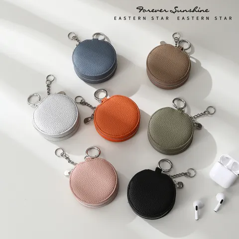 Mini Round Earphone Case With Makeup Mirror Keychain Pendant Sweet PU Leather Coin Purse Bluetooth Headset Storage Bag