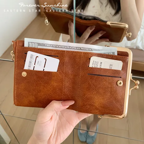 Damen Kurz PU Leder Geldbörse Vintage Kussmundverschluss Falten Münztasche Elegant Einfarbig Mehrere Kartenfächer Geldtasche Kartenhalter Für Mädchen Alltag Reisen