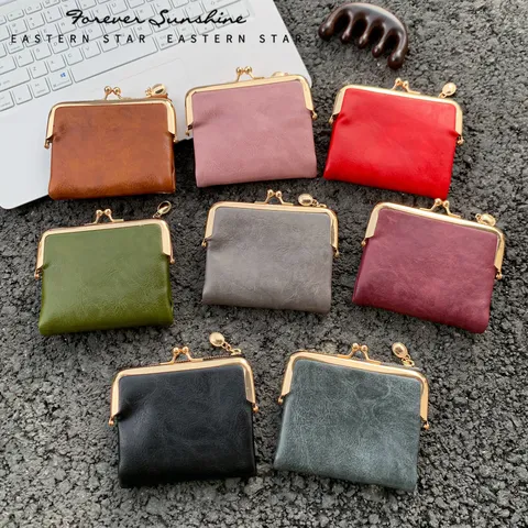Damen Kurz PU Leder Geldbörse Vintage Kussmundverschluss Falten Münztasche Elegant Einfarbig Mehrere Kartenfächer Geldtasche Kartenhalter Für Mädchen Alltag Reisen