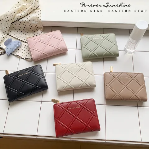 Korean Style Waffle Pattern PU Leather Bi-fold Wallet For Women Elegant Zip Short Wallet Lightweight Quilted Wallet Daily Handbag