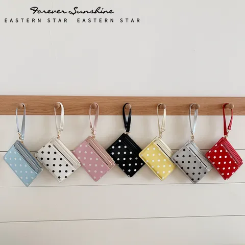 Women Patent Leather Polka Dot Card Holder Mini Coin Purse With Wristlet Strap Multi-slot Cute Small Wallet For Daily