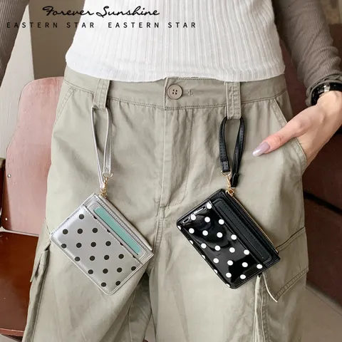 Women Patent Leather Polka Dot Card Holder Mini Coin Purse With Wristlet Strap Multi-slot Cute Small Wallet For Daily