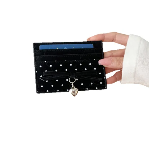 Women's Fashion Slim PU Leather Card Holder Wallet With Bowknot Decoration And Heart Pendant Polka Dot Pattern Multi-slot