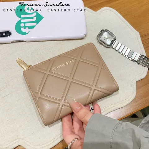 Korean Style Waffle Pattern PU Leather Bi-fold Wallet For Women Elegant Zip Short Wallet Lightweight Quilted Wallet Daily Handbag