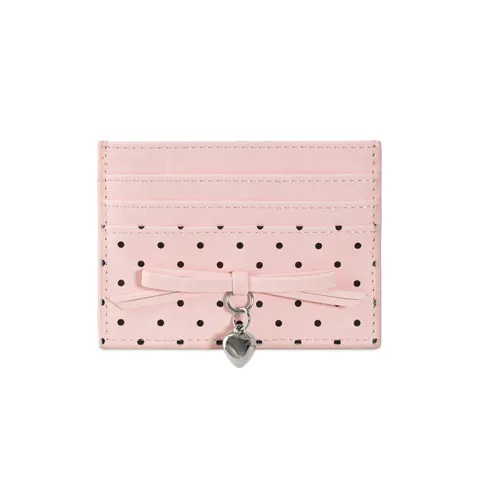 Women's Fashion Slim PU Leather Card Holder Wallet With Bowknot Decoration And Heart Pendant Polka Dot Pattern Multi-slot