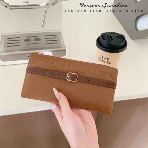 Dames Lange Portemonnee PU Leder Suède Splicing Bifold Geldtas Mode Gürtelschnalle Kaarthouder Elegante Clutch