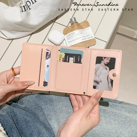 Women Korean Style Tri-fold Denim Texture PU Wallet Embroidered Bow Star Large Capacity Zipper Coin Purse Short Clutch