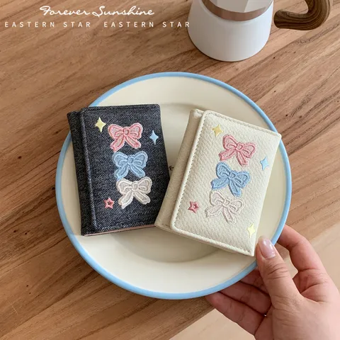Women Korean Style Tri-fold Denim Texture PU Wallet Embroidered Bow Star Large Capacity Zipper Coin Purse Short Clutch