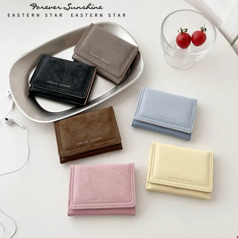 Women Suede PU Leather Minimalist Short Tri-fold Wallet Korean Style Card Holder Purse