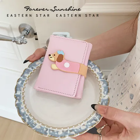 Cute Cartoon Dachshund Dog Women Short Trifold Wallet High Capacity PU Leather Card Holder Clasp Coin Purse School Girl Pocket Wallet Purse