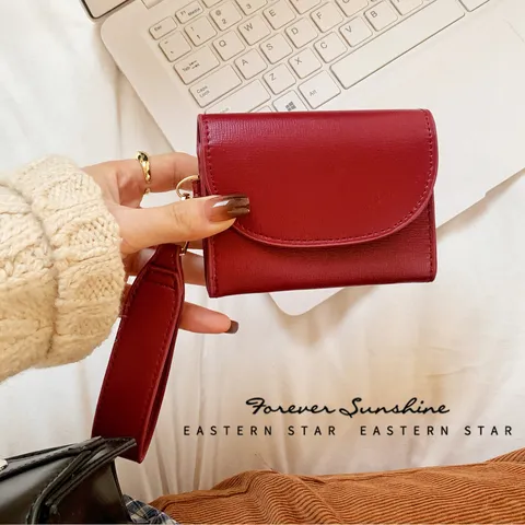 Damen Kurze Geldbörse PU Leder Große Kapazität Portemonnaie Mit Breiter Handschlaufe Minimalistischer Koreanischer Stil