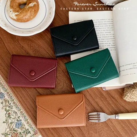 Women Slim PU Leather Envelope Wallet Multi-Slot Card Holder Litchi Texture Foldable Coin Purse Stylish Small Money Clip For Ladies