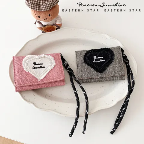 Women Denim Heart Embroidery Trifold Wallet Lanyard Coin Purse Fashion Minimalist Short Card Holder Small Money Bag