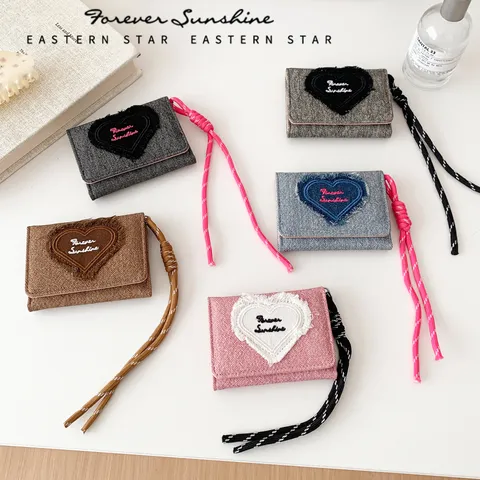 Women Denim Heart Embroidery Trifold Wallet Lanyard Coin Purse Fashion Minimalist Short Card Holder Small Money Bag