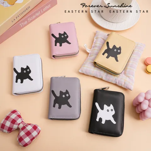 Süße Katze Muster Kartenhalter PU Leder Mini Akkordeon Geldbörse Für Damen Multi Slot Kreditkartenetui Münzfach Reißverschluss