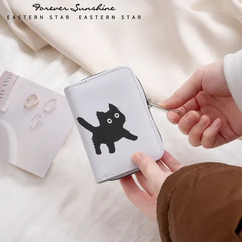 Süße Katze Muster Kartenhalter PU Leder Mini Akkordeon Geldbörse Für Damen Multi Slot Kreditkartenetui Münzfach Reißverschluss
