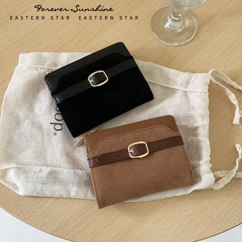 Dames Kleine Portemonnee PU-leer Suède Patchwork Tweeledig Retro Riem Gesp Kaarthouder Kleine Clutch