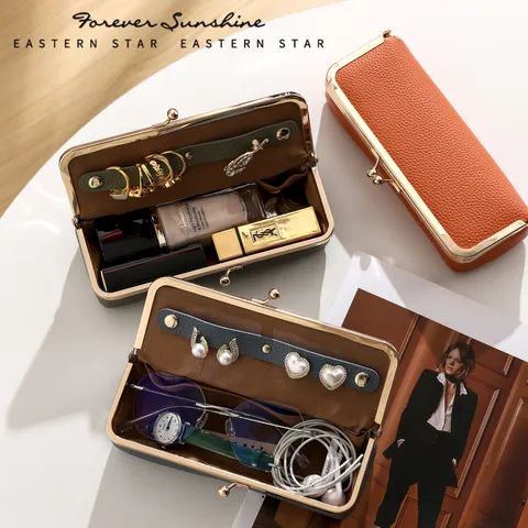 Portable PU Leather Jewelry Organizer Bag Retro Metal Kiss-Lock Sunglasses Pouch Multifunctional Women Cosmetic Storage Bag