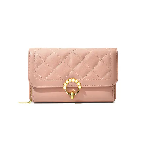 Women Quilted PU Leather Phone Bag Large Capacity Crossbody Shoulder Bag With Pearl Ring Buckle Fashion Long Wallet Purse