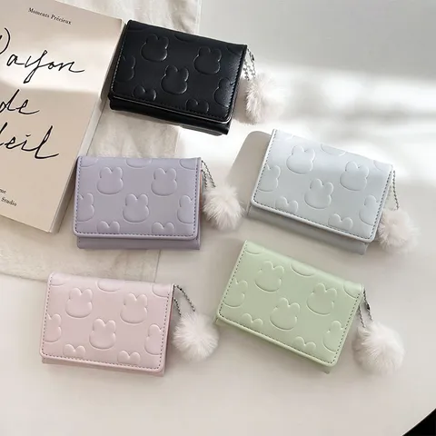 Cute Japanese Style Trifold Short PU Leather Wallet for Women Embossed Rabbit Card Holder Coin Purse with Plush Ball Charm