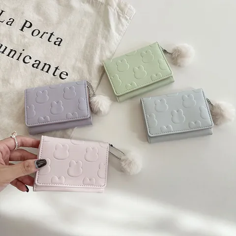 Cute Japanese Style Trifold Short PU Leather Wallet for Women Embossed Rabbit Card Holder Coin Purse with Plush Ball Charm