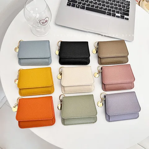 Women Short Wallet PU Leather Litchi Texture Multi Card Slots Zipper Coin Purse With Metal Ring Minimalist Urban Small Wallet