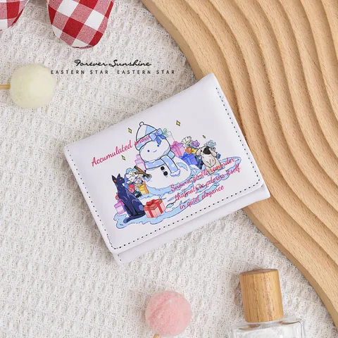 Damen Süße Schneemann PU-Leder Kurze Brieftasche Student Cartoon Dreifach Gefaltet Münzbörse Kartenhalter Tragbare Mini Wallet