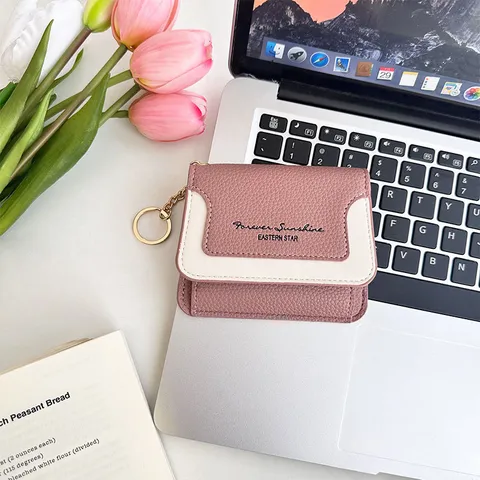 Women Mini Wallet PU Leather Foldable Purse Contrast Color Card Holder Key Ring Metal Chain Small Bag Ladies Wallet